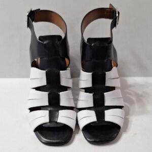 Halston Heritage Black White Retro Strappy Preppy Academia Heeled Sandals Sz.5.5